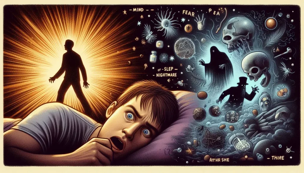 MIND - FEAR - death; of - sleep - die if he goes to sleep; fear he will - nightmare; after a